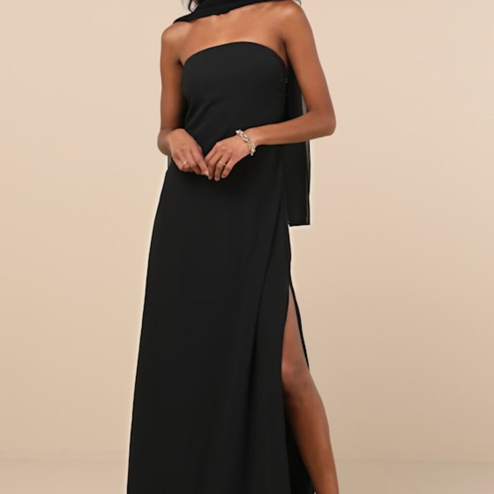 Lulus Rawya Black Strapless Maxi Dress And Scarf Set - Size L